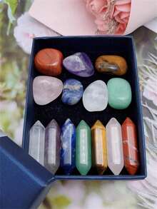 14Pcs Natural 7 Chakra Crystal Set,Double Point Crystal Wand & Tumbled Stones Gift Box,Healing Energy Gemstone Home Decor Meditation Collection Gift - Stone - View 3