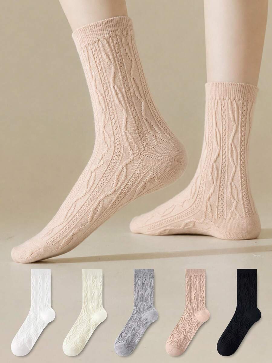ZUJO 5 Pairs Women's Mid-Calf Socks, 3D Cable Knit Design, Comfortable Breathable Warm Slouch Socks, Suitable For Spring, Autumn, Winter Sports And Daily Wear - Multicolor - View 1