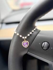 1pc Rhinestone Heart Pearl Chain Car Steering Wheel Hanging Decoration, Car Interior Decor Accessory, Car Ornament - A - View 6