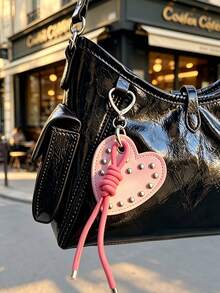 Retro Punk Style Heart-Shaped Rivet Keychain,Featuring A Heart-Shaped Metal Hook And Knotted Tassel Rope Design,Pu Leather Pendant,Charm Bag Accessory - Multicolor - View 3