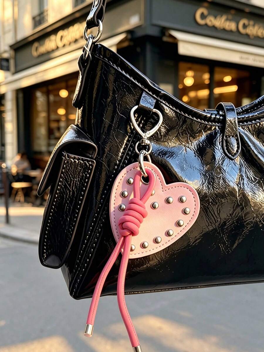 Retro Punk Style Heart-Shaped Rivet Keychain,Featuring A Heart-Shaped Metal Hook And Knotted Tassel Rope Design,Pu Leather Pendant,Charm Bag Accessory - Multicolor - View 1