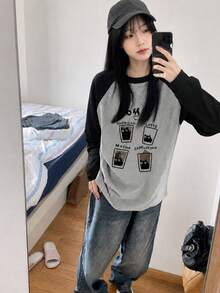 女款時尚秋冬落肩拼接色純棉寬鬆休閒百搭字母與咖啡印花長袖T恤 - 灰色 - 查看 4