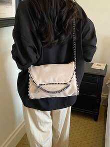 Women Envelope Crossbody Bag Solid Color Suede Fabric Rivet Trim Chain Strap Pendant Decor Medium Capacity Chic Style For Women Party Daily Use - Beige - View 5
