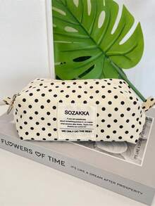 1pc Beige Background Black Polka Dot Canvas Pencil Case, Girls Style Stationery Storage Bag - Multicolor - View 4