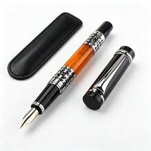 Vintage Carved Silver Pattern Fountain Pen, Fine Nib, Refillable Ink Pen, Single PU Leather Pen Pouch, Elegant Business Stationery Gift - 808 - View 8