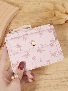 Fashionable Bow Printed Credit Card Bag, Ultra-Thin And Convenient ID Window ID Bag With Zipper And Buckle, Portable Credit Card Bag - Pink - View 10