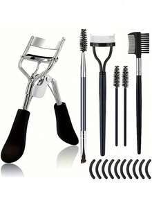 3pcs Stainless Steel Eyelash Curler Set, Includes Eyebrow Tools: 1 Eyelash Curler, 2 Eyelash Rollers, Double-Ended Angled Eyebrow Brush, Eyelash Comb Separator, Eyebrow Brush, Silicone Replacement Pads, Suitable For Eyelash And Eyebrow Care - Black - View 1
