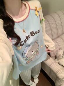 2pcs Women's Pajama Loungewear Set, Cute Pattern Print Pullover Round Neck Simple Long Sleeve Long Pants, All Season Wear - Multicolor - View 7