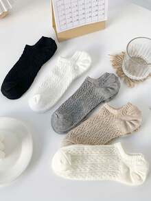 5/10 Pairs Women's Cable Knit Invisible Boat Socks, Solid Color Textured Non-Slip Low-Cut Socks - Multicolor - View 4