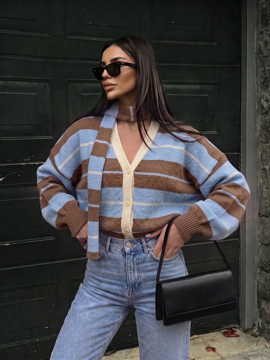 Women's Relaxed Striped Knit Cardigan, V-Neck Single-Breasted Soft Skin-Friendly Fabric With Scarf, Suitable For Early Autumn Daily Layering Slimming Casual Cardigan - Blue-brown Stripes - View 1