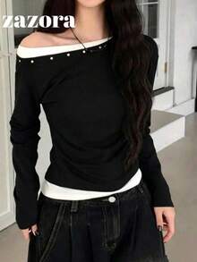 Design Contrast Color 2 In 1 Asymmetrical Shoulder Long Sleeve T-Shirt, Sweet Cool Hot Girl Style Versatile Slim Fit Top - Black - View 3