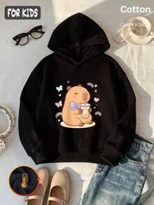 Autumn Girls Hoodie With Cute Capybara Print, Butterfly Rainbow Heart Decor, Long Sleeve Pullover - Black - View 3