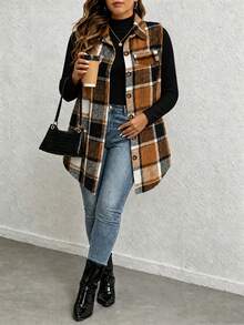 Plus Size Women's Plaid Sleeveless Vest, Thigh Length, Front Button Closure, Autumn Layering Outerwear - Khaki - View 3