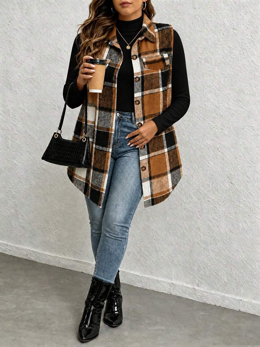Plus Size Women's Plaid Sleeveless Vest, Thigh Length, Front Button Closure, Autumn Layering Outerwear - Khaki - View 1