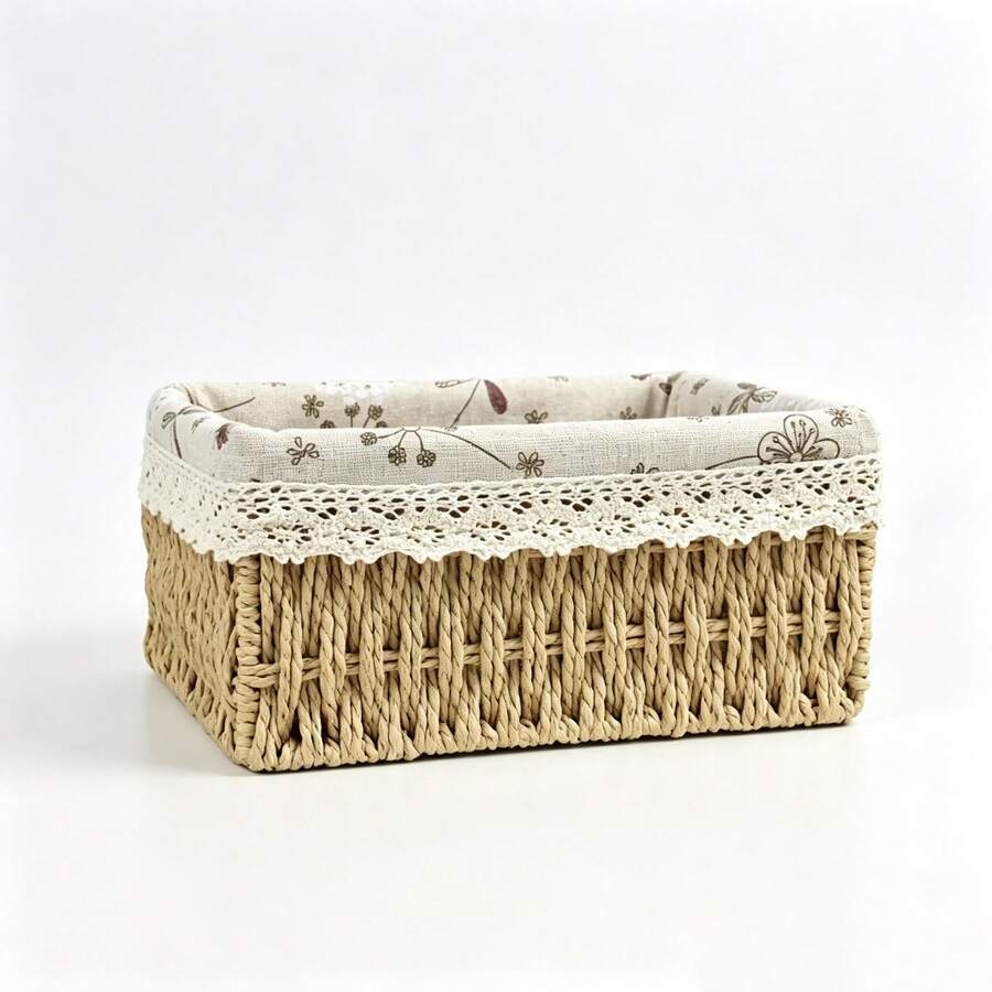 Nordic Fabric & Wicker Storage Basket, Desktop Organizer For Sundries, Coffee Table, Keys, Toys, Home Storage Box, 1pc - View 1