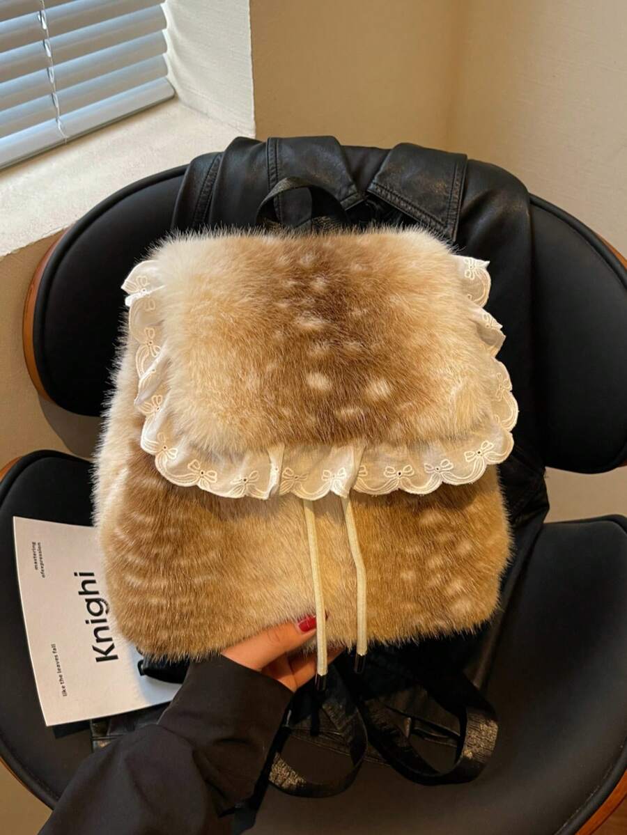 1pc Women's Faux Fur Deer Print Backpack, White Lace Ruffle Drawstring Design, Cute Lolita Style Winter Daily Small Shoulder Bag