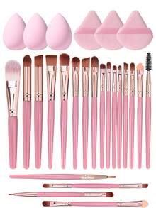 26 Pcs Complete Cosmetic Set, 20 Pcs Old Style Deep Pink Makeup Brushes Plus 6 Pcs Makeup Sponges And Puffs Kit, Dense Soft Bristles Pick Powder Evenly For Natural Makeup Effect, Suitable For Powder And Cream Cosmetics For Beginners. - Multicolor - View 12