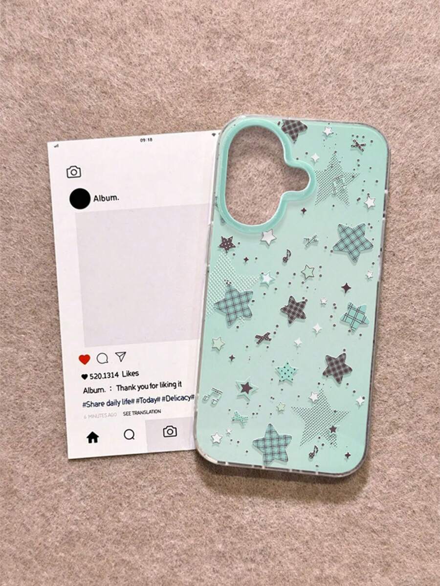 1Pc Fresh Mint Green Plaid Star Print Phone Case, Sweet Cool Girl Aesthetic Protective Cover Compatible With Iphone 18 18Pro 18ProMax 17 17Pro 17ProMax 16 16Pro 16Plus 16ProMax 15 15Pro 15ProMax 14 14Pro 14ProMax 13 13Pro 13ProMax - Multicolor - View 1
