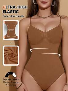 Women's Minimalist Solid Color Tummy Control Waist Slimming Bodysuit, Suitable As Undershirt Or Base Layer Summer Elegant Brown - Brown - View 5