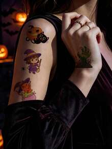 30pcs Halloween Temporary Tattoo Stickers, Including Scary Pumpkin, Skull, Ghost, Spider Web Patterns, Suitable For Party Favors And Body Decoration, Fake Hand Tattoo, Cartoon Body Stickers For Halloween Party - Multicolor - View 3