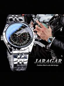 JARAGAR 1pc Men's Automatic Mechanical Sports Watch, Multi-Function Date Display, Stainless Steel Band, Business Fashion Men's Watch, Top Brand Wristwatch - Black - View 6