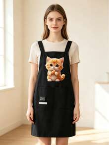 Cute Cat Print Black Apron With Double Pockets, Cross-Back Design For Comfortable Wear Without Shoulder Pressure, Multiple Adorable Cat Patterns Available. Durable And Practical Fabric, Suitable For Home Cooking, Baking, Crafting And Housework, Ideal For Housewives And Cooking Enthusiasts, Oil-Resistant And Water-Repellent, Combining Aesthetics And Functionality, Highly Attractive Protective Apron For Home Kitchen Use. - Multicolor - View 5