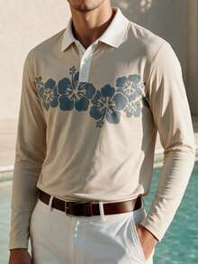 Men's Vacation Style Light Apricot Floral Print Long Sleeve Polo Shirt - Multicolor - View 2