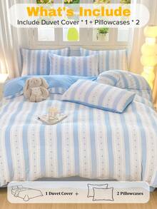 Ins Milk Blue Striped Bowknot Duvet Cover Set, Soft Fiber, Suitable For All Seasons, Includes 1 Duvet Cover And 2 Pillowcases, Does Not Include Duvet Insert And Pillow Insert, Pillowcase Pattern Randomly Cropped - Blue - View 5
