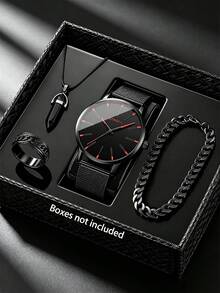 4/5pcs Casual Ultra-Thin Dial Men's Watch Set With Faux Bullet Jewelry, Best Gift Choice For Boyfriend/Father/Friend - Black - View 13