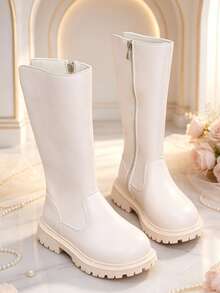 1 Pair Girls' Tall Chelsea Boots, Soft PU + Elastic Soft Sole With Inner Zipper Design, Minimalist Classic Princess Style High-Top Boots, Suitable For Daily Wear, School, Holidays, Autumn/Winter New - Apricot - View 7