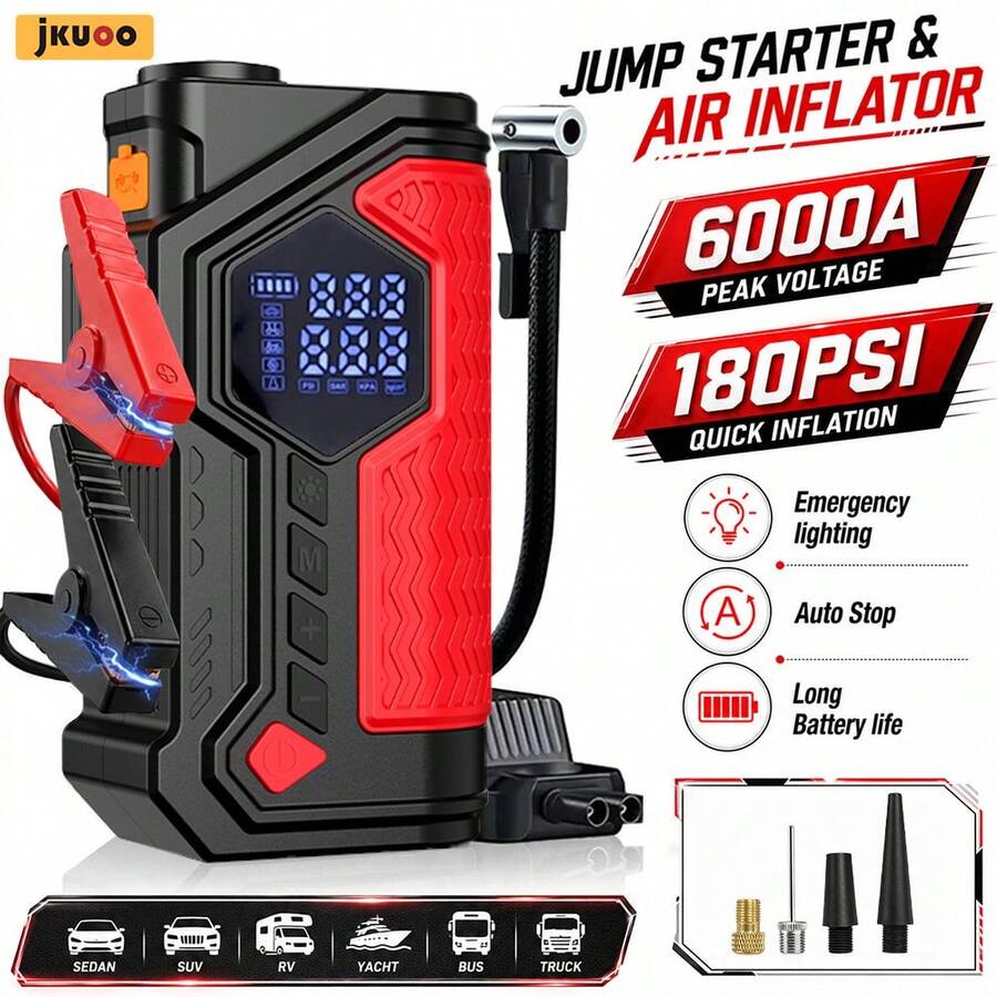 jkuoo Portable Wireless Car Battery Jump Starter With Tire Inflator - Power Bank, LED Display, Flashlight, USB Type-C Charging, Suitable For Cars, Bicycles, Motorcycles, Sports Balls