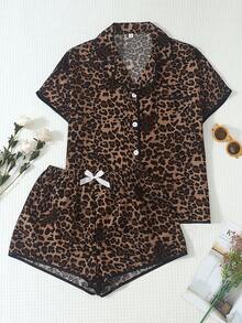 2pcs Women's Comfortable Leopard Print Short Sleeve Collared Top And Bow Shorts Pajama Set - Brown - View 1
