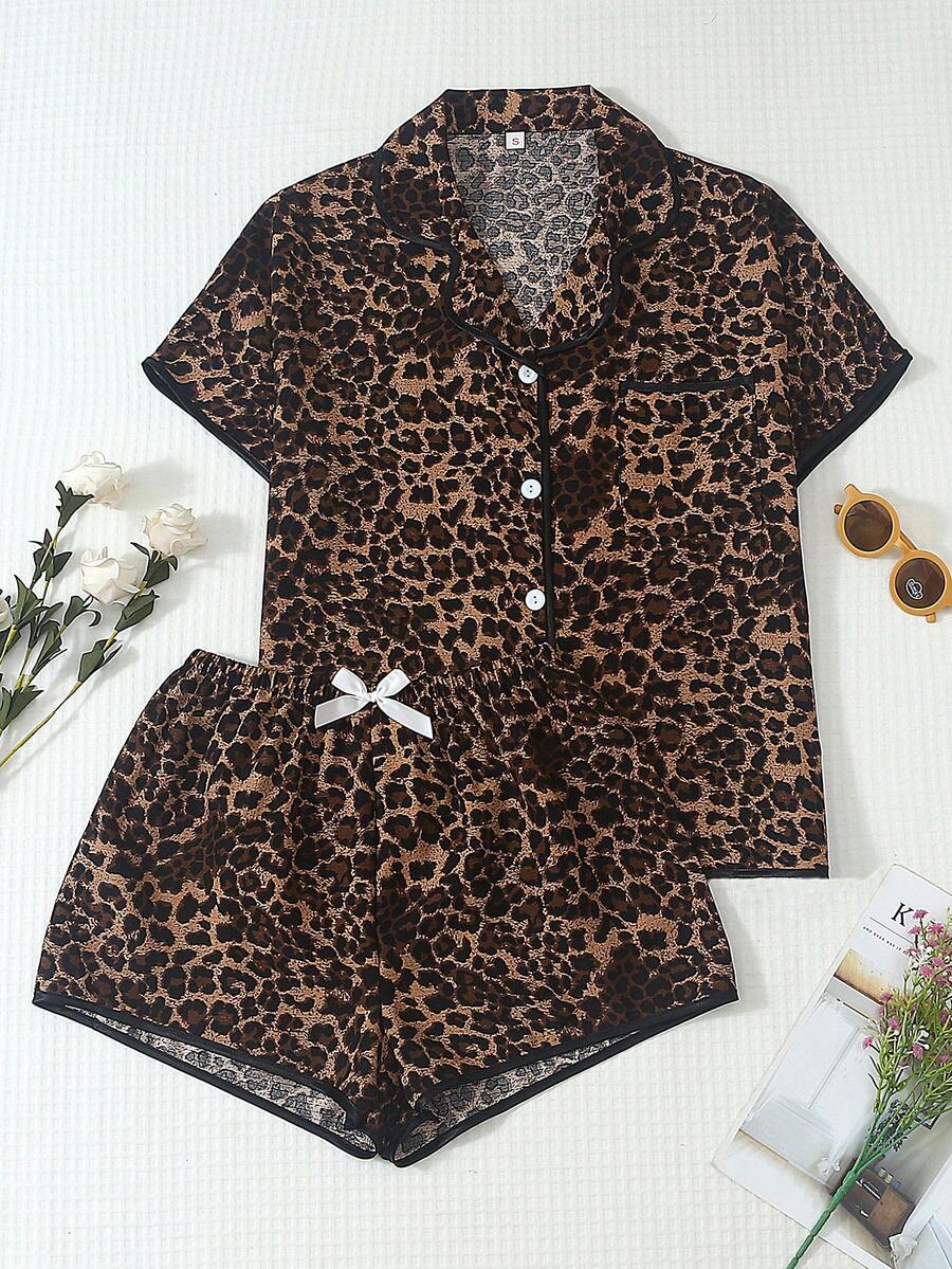 2pcs Women's Comfortable Leopard Print Short Sleeve Collared Top And Bow Shorts Pajama Set - Brown - View 1