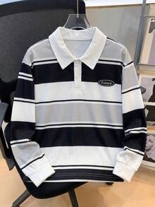 1件男童經典日常百搭拼色條紋小領 Polo 衫運動衫，學院風，秋冬款 - 黑與白 - 查看 1