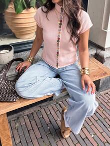 Just Masa Women's Fall Casual Front Button High Neck Sweater Pullover,Short Sleeve Slim Fit Solid Color Basic Knit Top,For Vacation,Travel,Daily Wear - Pink - View 10