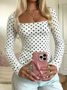 Happyevery Women's Autumn/Winter Minimalist Commute Outfit Contrast Color Polka Dot Print Pullover T-Shirt White Casual - White - View 2