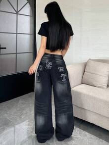 1pc Women's Fashionable Casual Loose Fit Embroidered Multi-Pocket Black Denim Wide Leg Jeans, Versatile For All Seasons (Belt/Accessories Not Included) - Black - View 5
