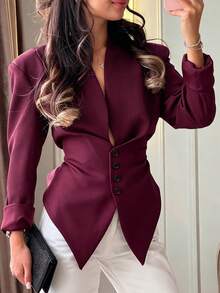 Black Stand Collar Ruffle Trim Blazer, Slim Fit Waist, French Elegant Commuter Style - Burgundy - View 5