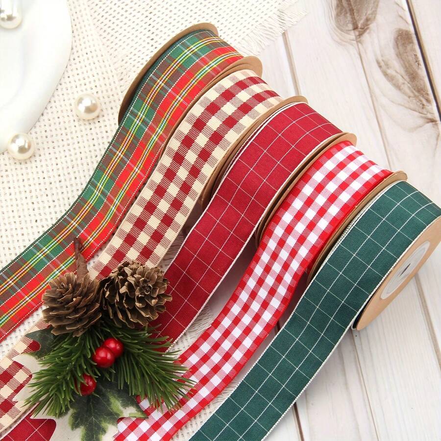 1 Roll 9m Red & Green Plaid Christmas Ribbon, For Gift Bag Ties, Gift Box Packaging, Bouquet & Cake Wrapping, Holiday Party Decoration & Craft Accessories