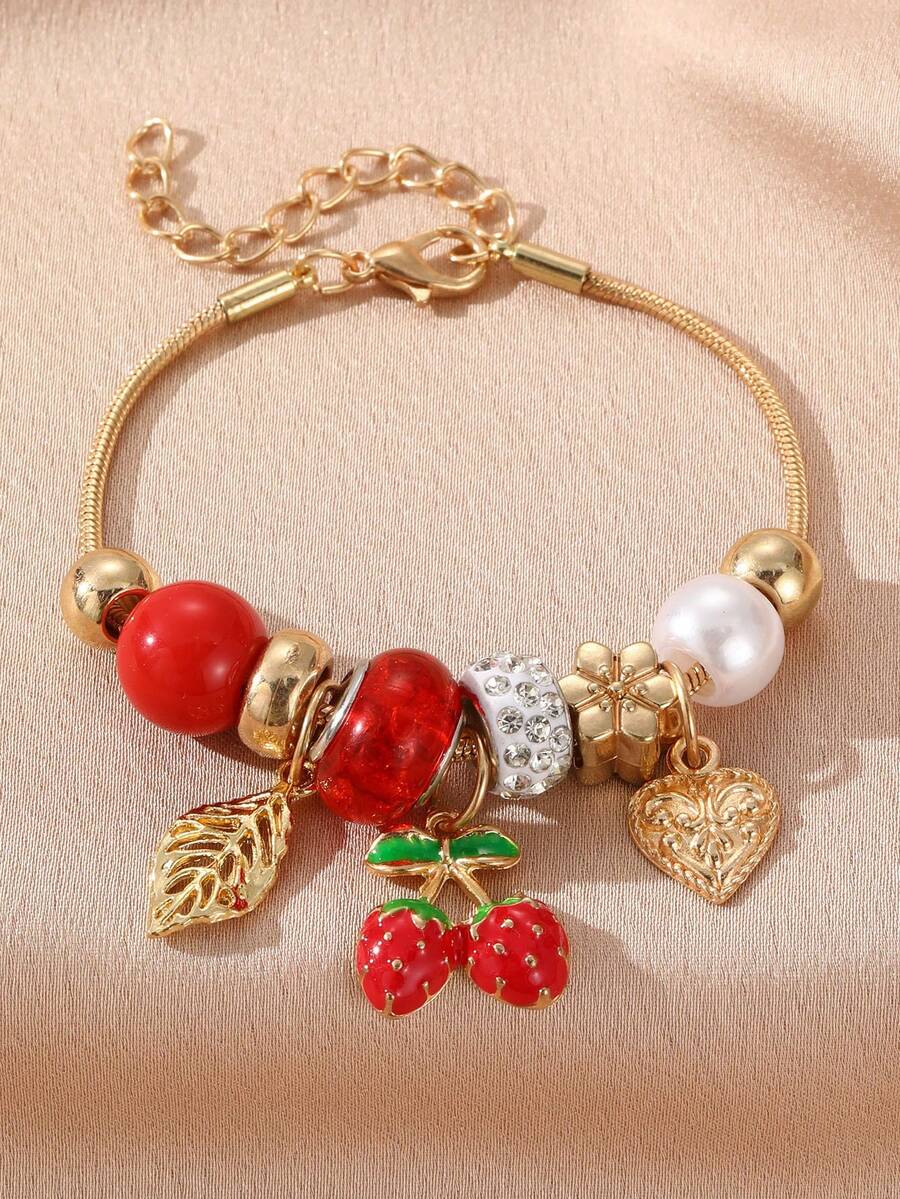 NAIZHU 1/3pcs Kids Fashion Gold Luxury Flower Strawberry Heart Pendant Bracelet Suitable For Daily Wear And Party - Red - View 1