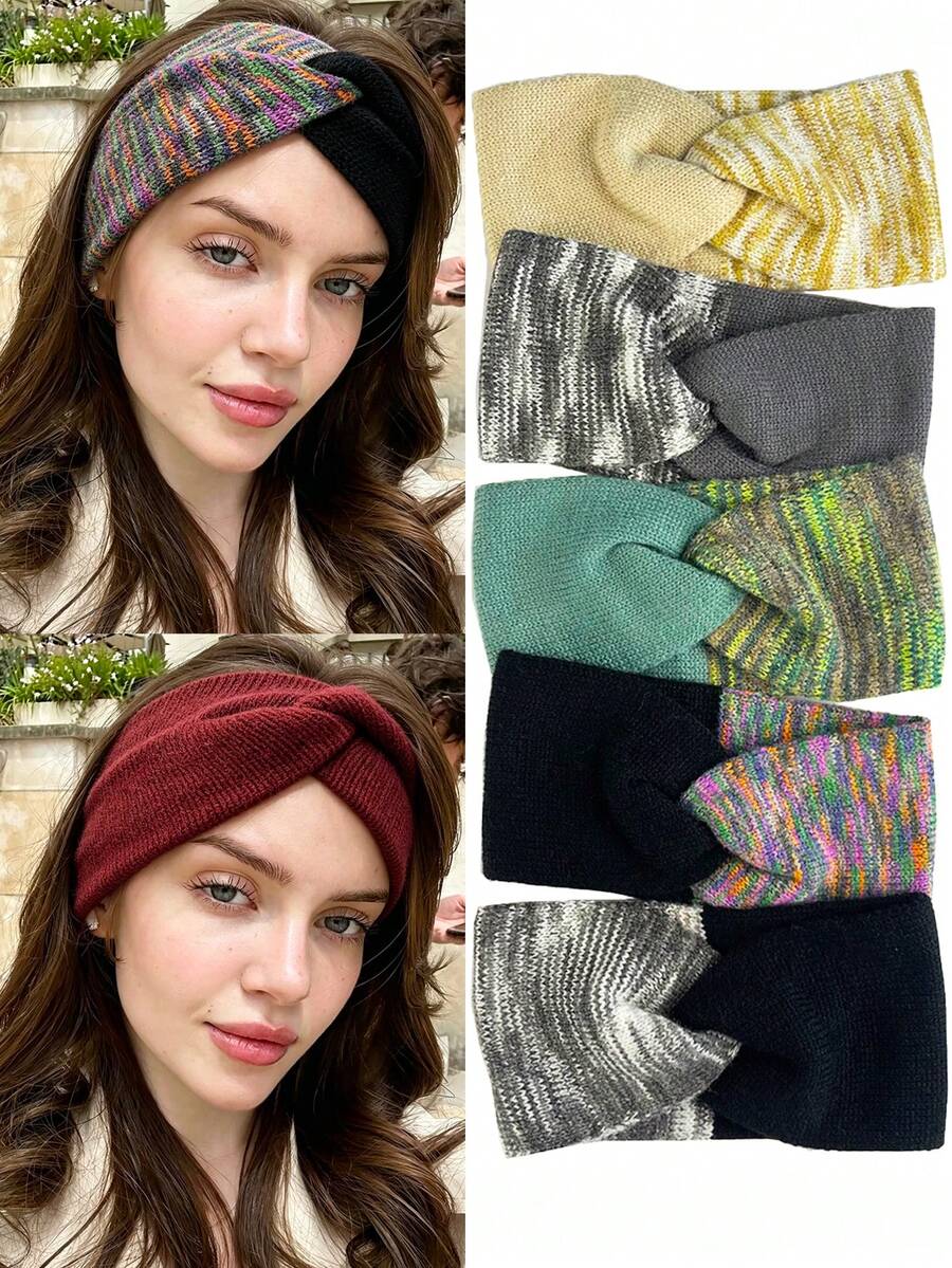 DUOJIAOYAN 1pc Autumn/Winter New Cross Gradient Dual-Color Patchwork Wide Elastic Hair Band, Sports Cold-Proof Warm Headband Accessory - Multicolor - View 1