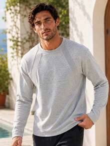 1pc Light Gray Men's Sweatshirt, Basic Crew Neck Pullover, Fine Knit Fabric, Draped Loose Fit, Minimalist Texture, Lazy Vacation Style, Machine Washable And Dry Cleanable, Early Autumn Short Trip Holiday Outfit - Light Grey - View 2