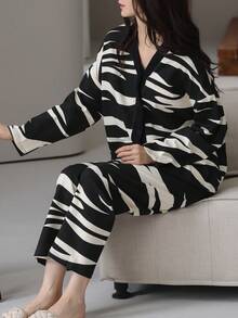 2pcs/Set Women's Pajamas Loungewear Set, Cardigan V-Neck Asymmetrical Print Long Sleeve Long Pants, All Season - Black and White - View 8