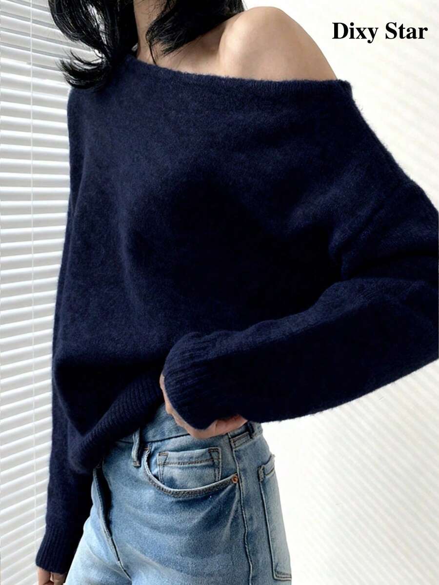 Mohair Sweater For Women, Open Shoulder Off Shoulder Asymmetrical Loose Casual Top Spring - Navy Blue - View 1
