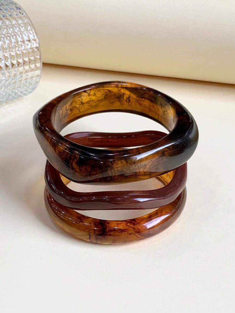 3pcs/Set Fashionable Retro Thick Multicolor Asymmetrical Acrylic Bracelet Set, Suitable For Women, Daily Wear, Gift For Friends And Family - Multicolor - View 1