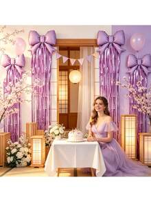 5pcs Purple Bows + Ribbon Set, Suitable For Birthday, New Year, Anniversary, Christmas And Holiday Garden Party Background Decoration, Outdoor Birthday Party, First Birthday Party, Proposal, Engagement Ceremony Atmosphere Decor Props - Purple - View 2