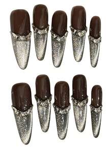 YADORNOS 10pcs Long Stiletto Handmade Press-On Nails, Dark Brown & Silver Cat Eye Glitter French Tip False Nails, Embedded 3D Rhinestones, Shiny Style, Suitable For Autumn/Winter Party, Date, Daily Wear, Includes Jelly Glue And Nail File, DIY Manicure Supplies - Brown - View 4