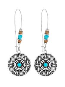 1 Pair Bohemian Long Hook Earrings, Distressed Silver Mandala Carved Disc With Turquoise And Wooden Beads, Vibe Earrings Suitable For Beach, Casual And Daily Wear - Antique Silver - View 7
