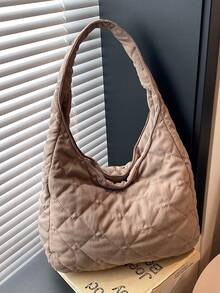 Tas Bahu Wanita, Tas Kasual Lembut dengan Bordir, Tas Bantal, Tas Fashion Portabel Kapasitas Besar - Khaki - View 3