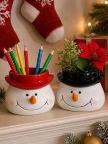 1pc Desktop Pen Holder Snowman Shaped Resin Planter Decorative Succulent Pot Christmas Gift Holiday Desktop Ornament Practical Home Christmas Gift - Multiple Styles - View 6